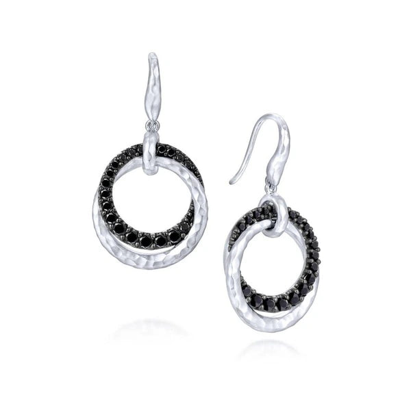 925 Sterling Silver Black Spinel Double Circle Drop Earrings