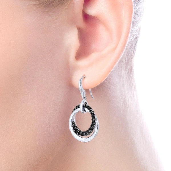 925 Sterling Silver Black Spinel Double Circle Drop Earrings