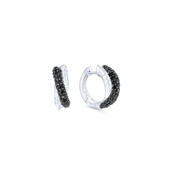 925 Sterling Silver Hammered 10mm Black Spinel Huggie Earrings