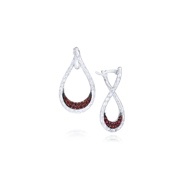 925 Sterling Silver Garnet Bypass Pear Shaped Hoop Earrings