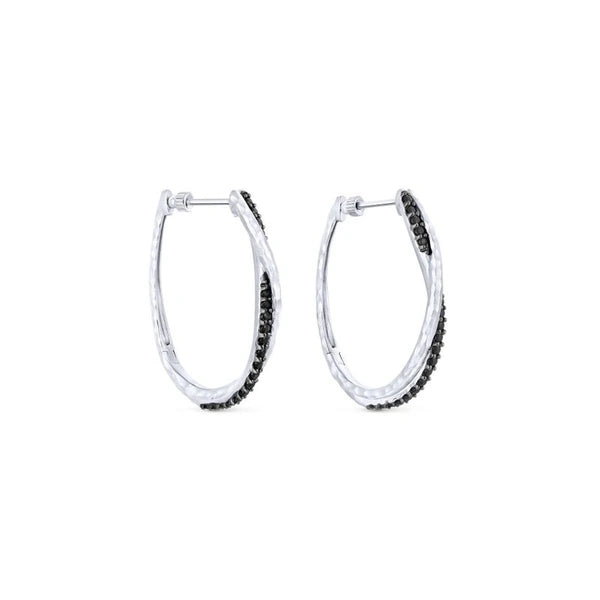 925 Sterling Silver Hammered Twisted 35mm Black Spinel Hoop Earrings