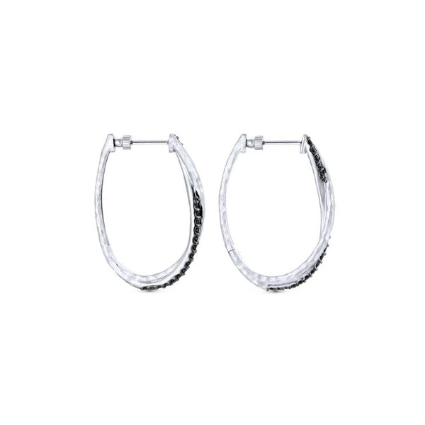 925 Sterling Silver Hammered Twisted 35mm Black Spinel Hoop Earrings