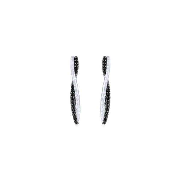 925 Sterling Silver Hammered Twisted 35mm Black Spinel Hoop Earrings