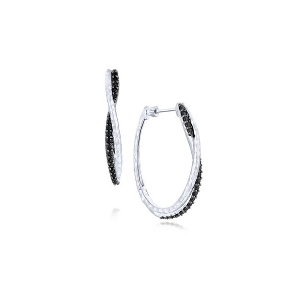925 Sterling Silver Hammered Twisted 35mm Black Spinel Hoop Earrings