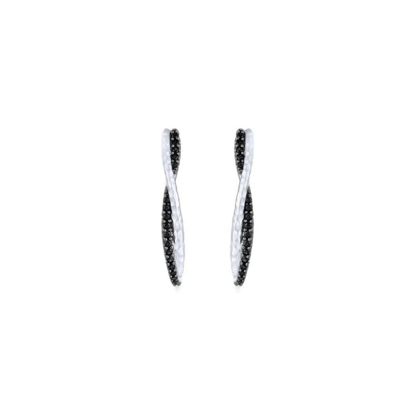 925 Sterling Silver Hammered Twisted 35mm Black Spinel Hoop Earrings