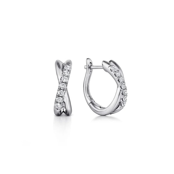 14K White Gold Twisted 15mm Diamond Huggie Earrings