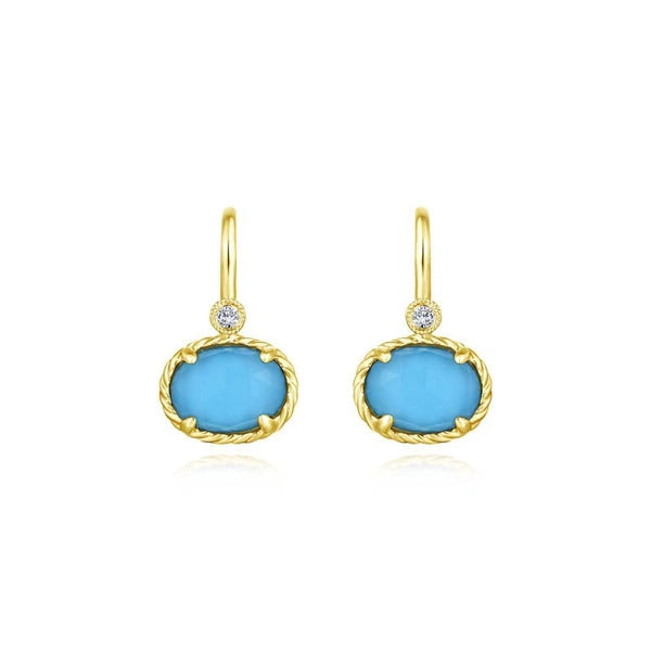 14k Yellow Gold Diamond Rock Crystal & Turquoise Oval Drop Earrings