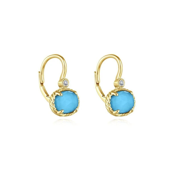 14k Yellow Gold Diamond Rock Crystal & Turquoise Oval Drop Earrings