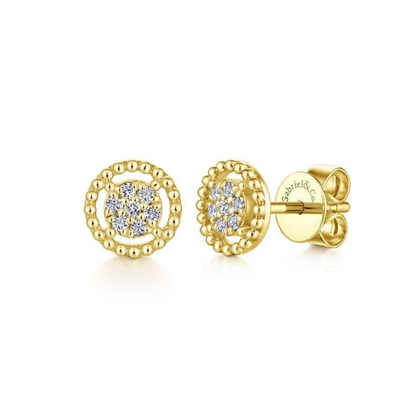 14K Yellow Gold Beaded Round Frame Diamond Cluster Stud Earrings
