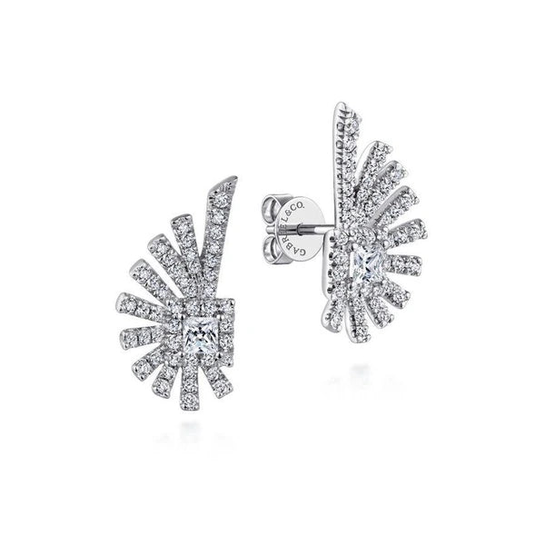 14K White Gold Diamond Fan Stud Earrings