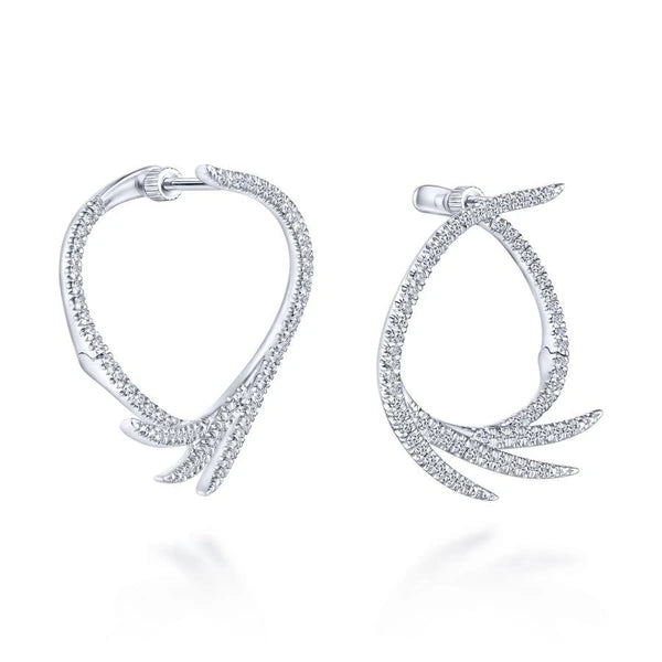 14K White Gold Intricate Diamond Fan Hoop Earrings