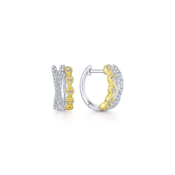 14K Yellow-White Gold Criss Cross 10mm Diamond Huggies