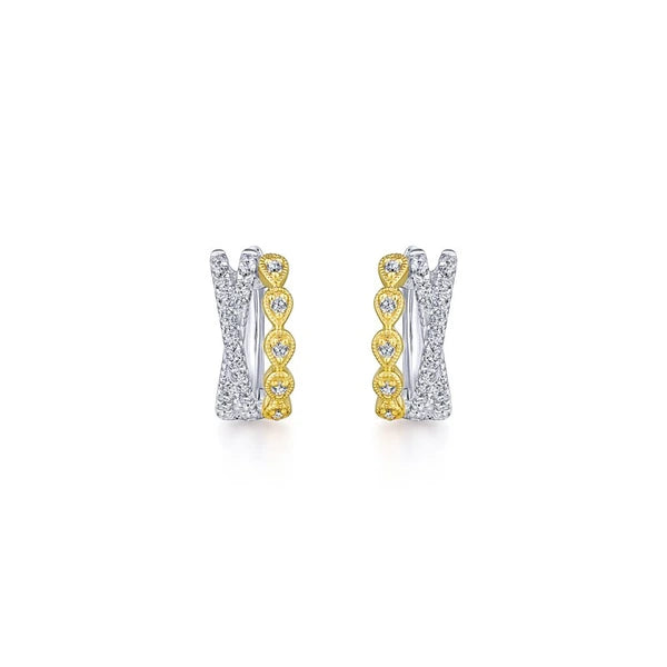 14K Yellow-White Gold Criss Cross 10mm Diamond Huggies