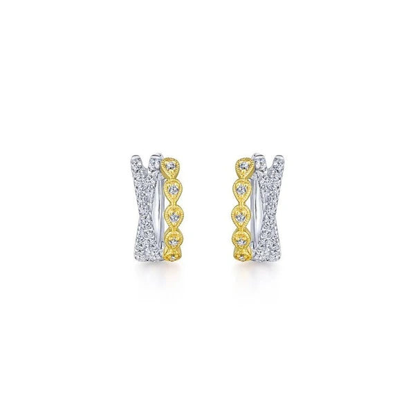 14K Yellow-White Gold Criss Cross 10mm Diamond Huggies