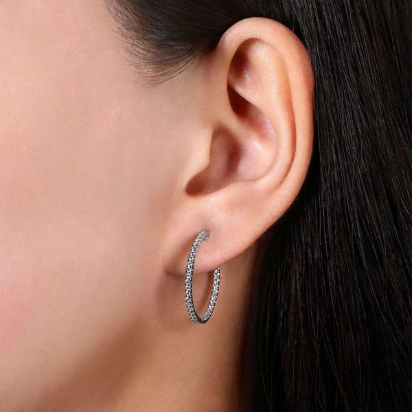 14K White Gold French e 20mm Round Inside Out Diamond Hoop Earrings