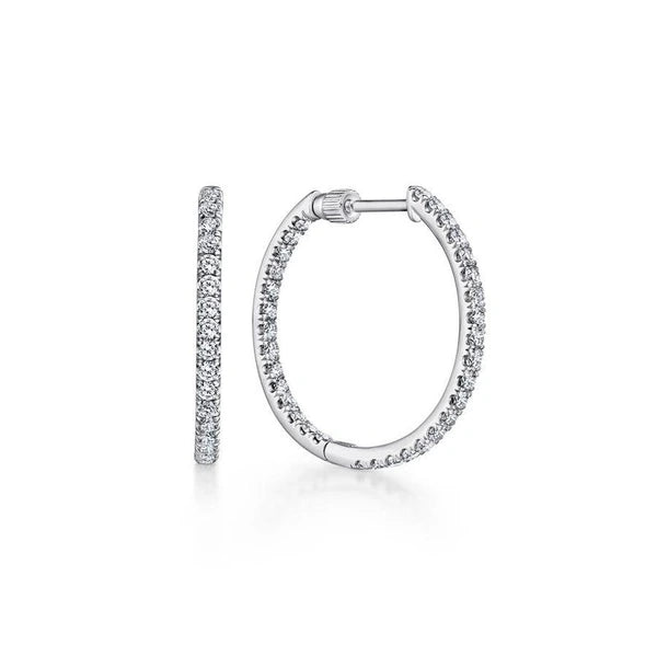 14K White Gold French e 20mm Round Inside Out Diamond Hoop Earrings