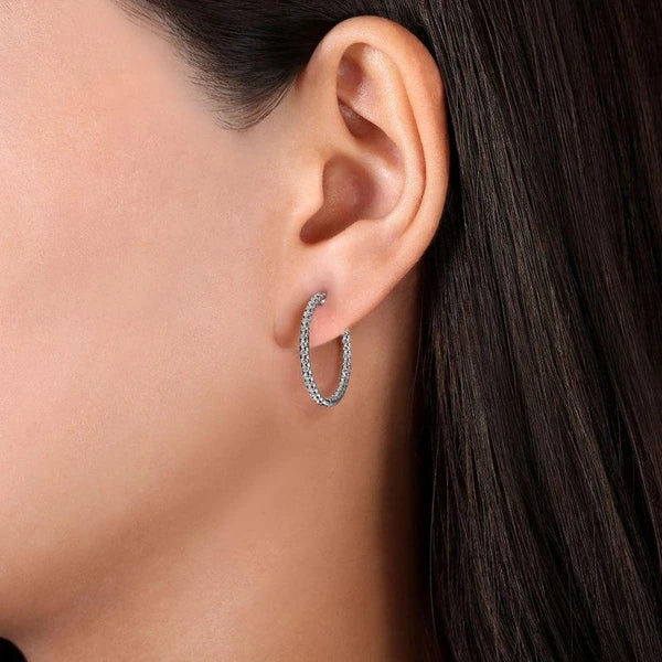 14K White Gold French e 20mm Round Inside Out Diamond Hoop Earrings