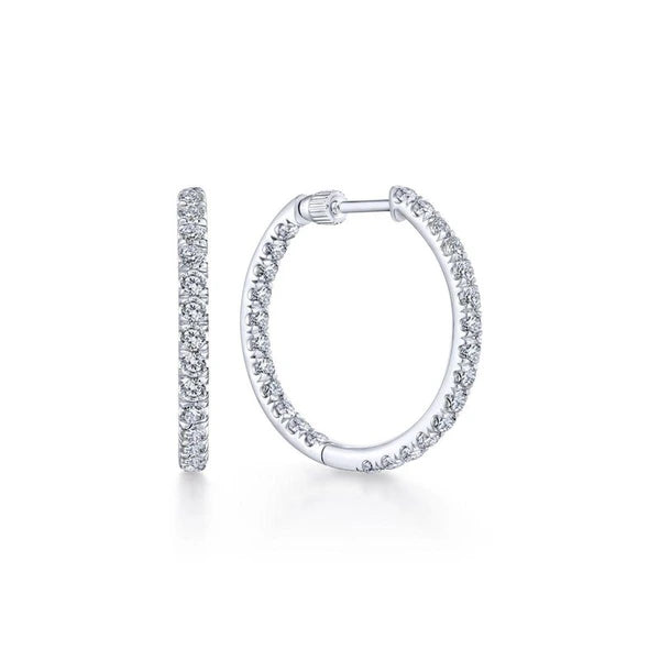 14K White Gold French Pave  20mm Round Inside Out Diamond Hoop Earrings