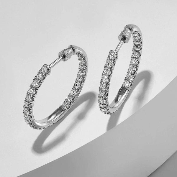 14K White Gold French Pave  20mm Round Inside Out Diamond Hoop Earrings