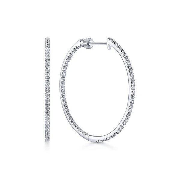 14K White Gold French e 30mm Round Inside Out Diamond Hoop Earrings