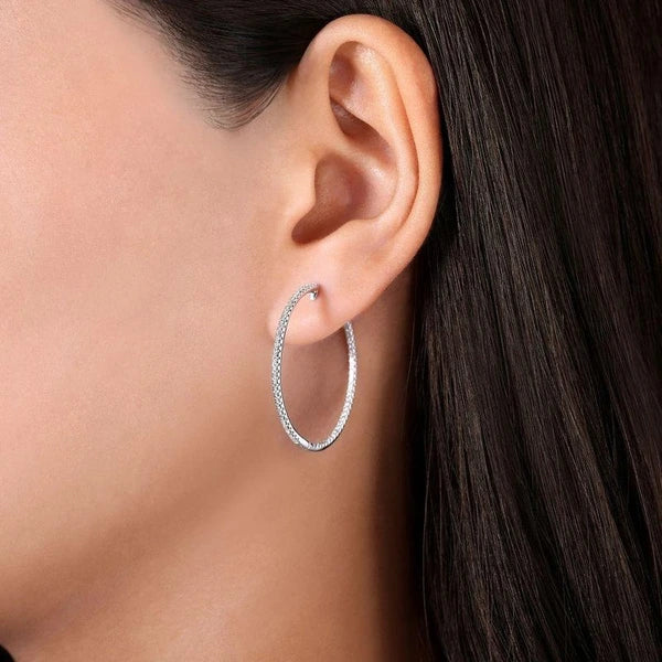 14K White Gold French e 30mm Round Inside Out Diamond Hoop Earrings