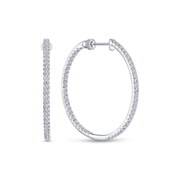 14K White Gold French e 30mm Round Inside Out Diamond Hoop Earrings