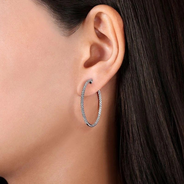14K White Gold French e 30mm Round Inside Out Diamond Hoop Earrings
