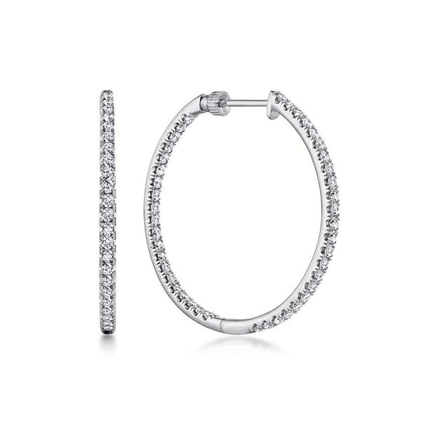 14K White Gold French e 30mm Round Inside Out Diamond Hoop Earrings