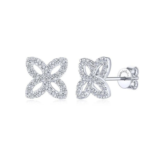 14K White Gold Open Floral e Diamond Stud Earrings
