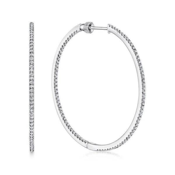 14K White Gold French e 40mm Round Inside Out Diamond Hoop Earrings