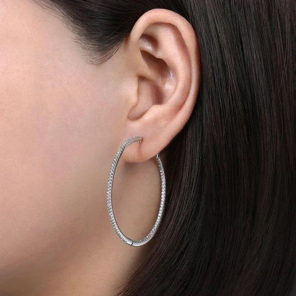 14K White Gold French e 40mm Round Inside Out Diamond Hoop Earrings