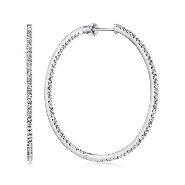 14K White Gold French e 40mm Round Inside Out Diamond Hoop Earrings