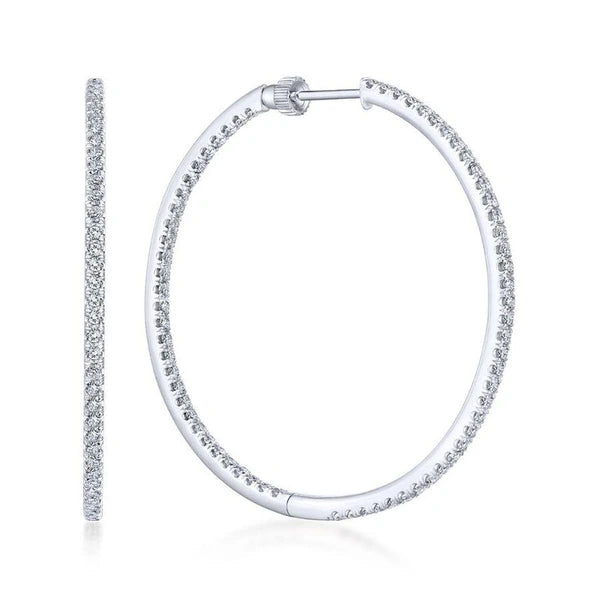 14K White Gold French e 40mm Round Inside Out Diamond Hoop Earrings