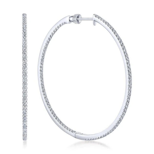 14K White Gold French e 50mm Round Inside Out Diamond Hoop Earrings