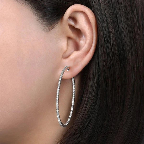 14K White Gold French e 50mm Round Inside Out Diamond Hoop Earrings