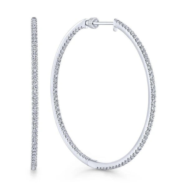 14K White Gold French e 50mm Round Inside Out Diamond Hoop Earrings