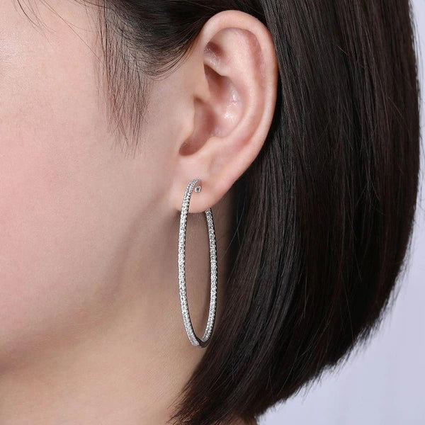 14K White Gold French e 50mm Round Inside Out Diamond Hoop Earrings