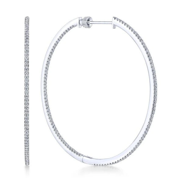 14K White Gold French e 50mm Round Inside Out Diamond Hoop Earrings