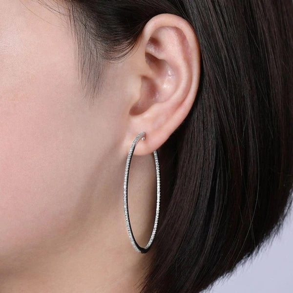 14K White Gold French e 50mm Round Inside Out Diamond Hoop Earrings