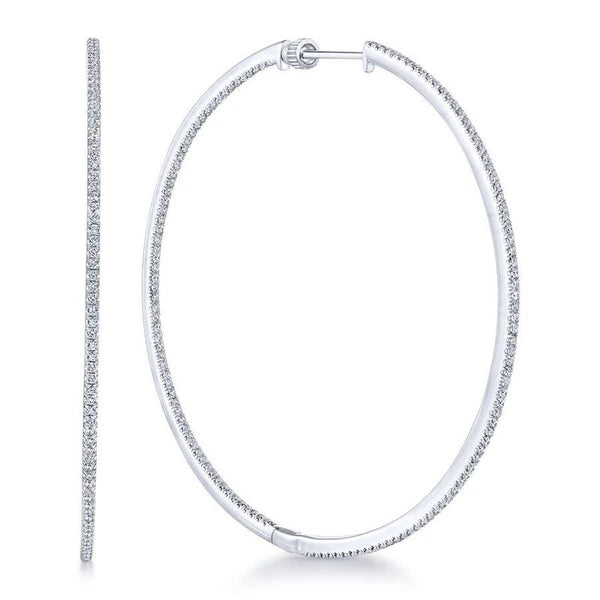 14K White Gold French e 60mm Round Inside Out Diamond Hoop Earrings