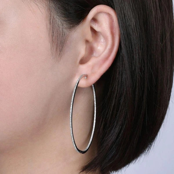 14K White Gold French e 60mm Round Inside Out Diamond Hoop Earrings