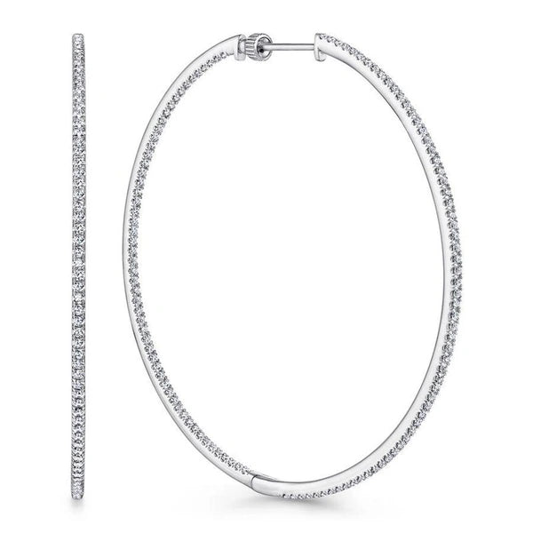 14K White Gold French e 60mm Round Inside Out Diamond Hoop Earrings