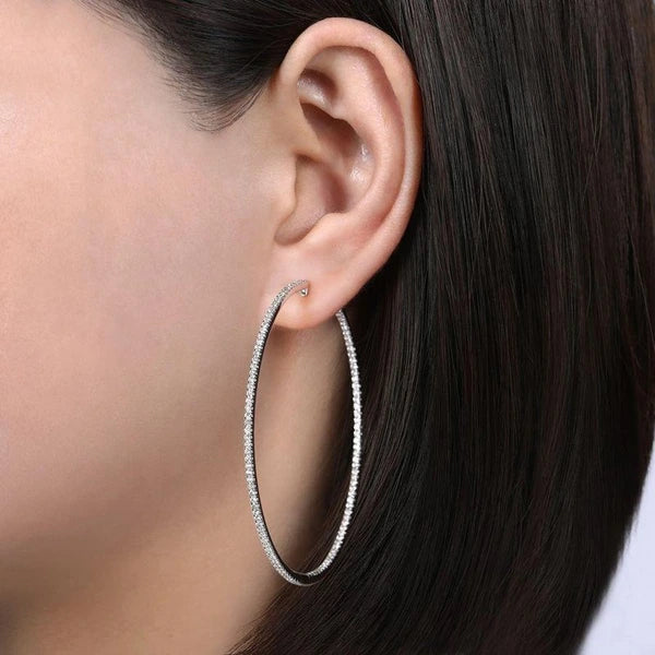 14K White Gold French e 60mm Round Inside Out Diamond Hoop Earrings