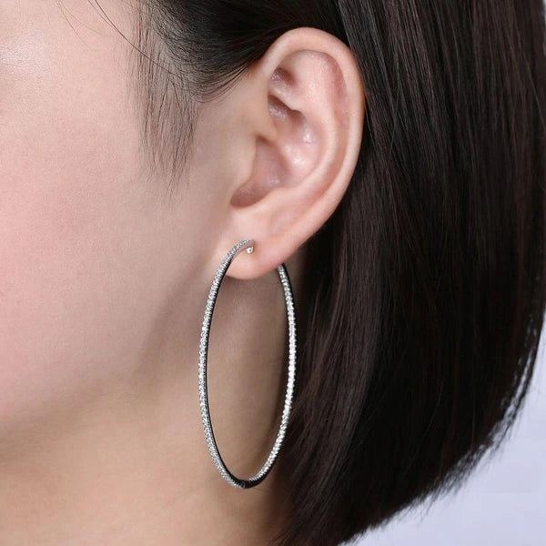 14K White Gold French e 60mm Round Inside Out Diamond Hoop Earrings