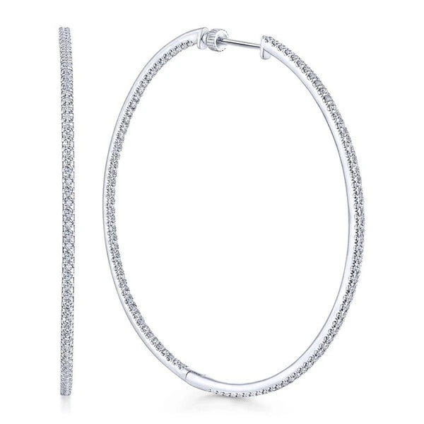 14K White Gold French e 60mm Round Inside Out Diamond Hoop Earrings