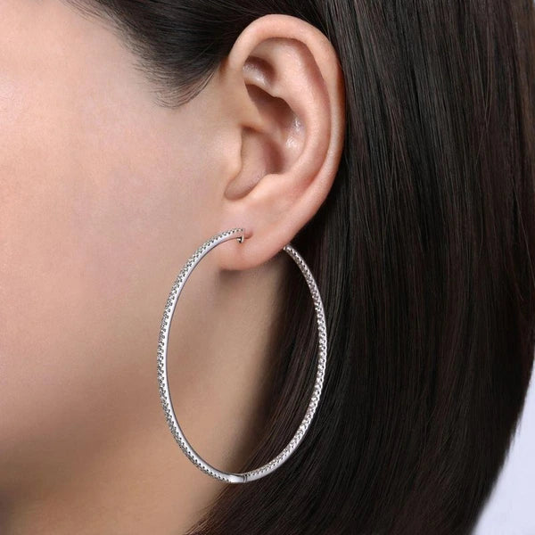 14K White Gold French e 60mm Round Inside Out Diamond Hoop Earrings