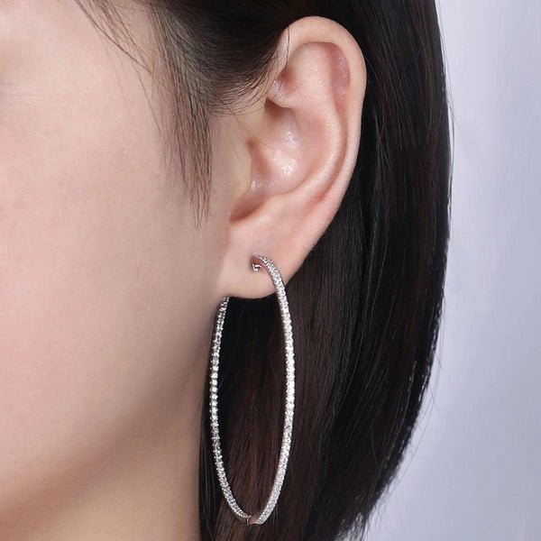 14K White Gold French e 60mm Round Inside Out Diamond Hoop Earrings