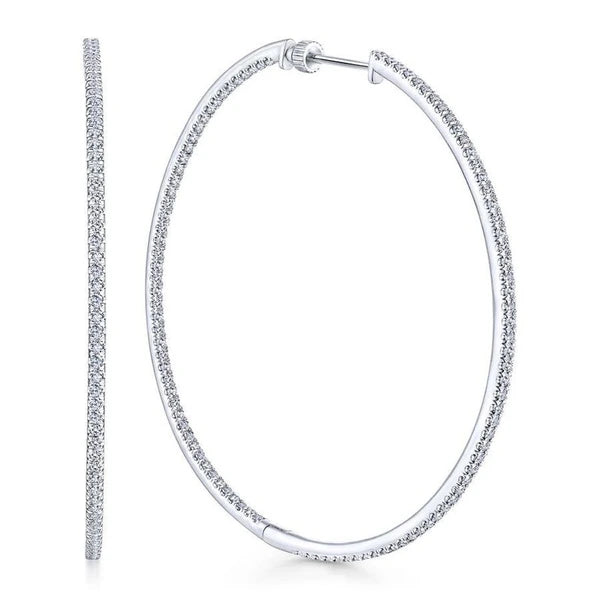 14K White Gold French e 60mm Round Inside Out Diamond Hoop Earrings