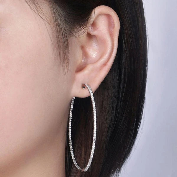 14K White Gold French e 60mm Round Inside Out Diamond Hoop Earrings
