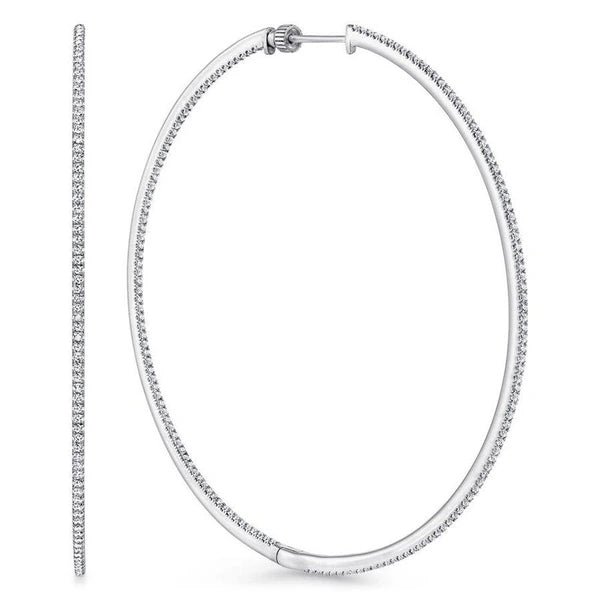 14K White Gold French e 70mm Round Inside Out Diamond Hoop Earrings